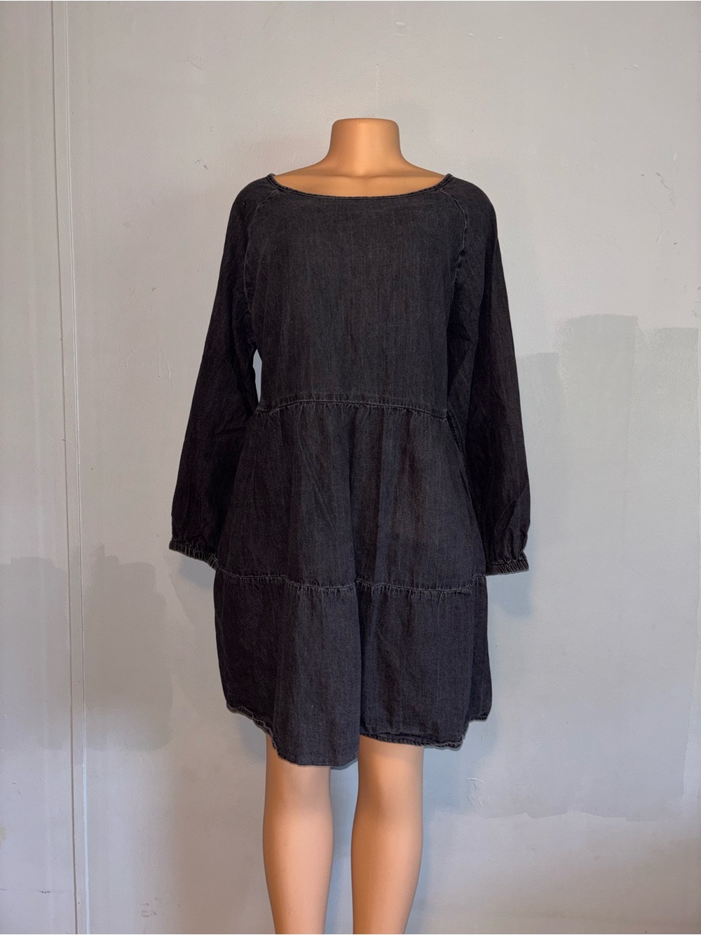 beachlunchlounge Washed Black Tiered Long-Sleeve Dress